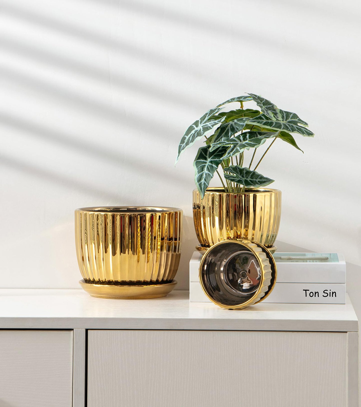 Ton Sin Gold Plant Pots,4.1+5.1+6.5 Inch Ceramic Succulent Planters Set of 3 Mini Indoor Flower Pot with Drainage,Handmade Decorative Ceramic Orchid and Herb Pots(Gold)