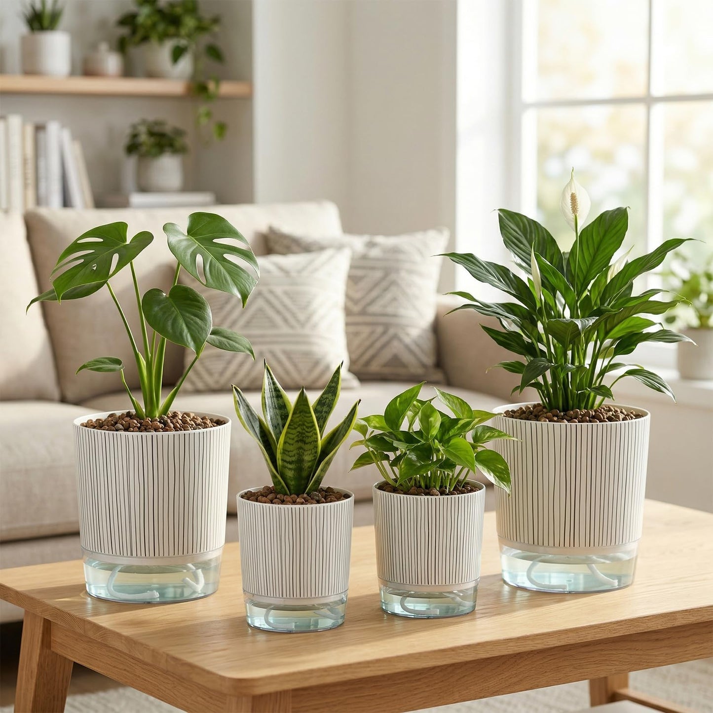 Samhe 4 Pack Self Watering Pots for Indoor Plants, 4/5.5 Inch Lightweight Planters with Water Reservoir, Flower Pots for African Violet, Spider Plant, Orchid