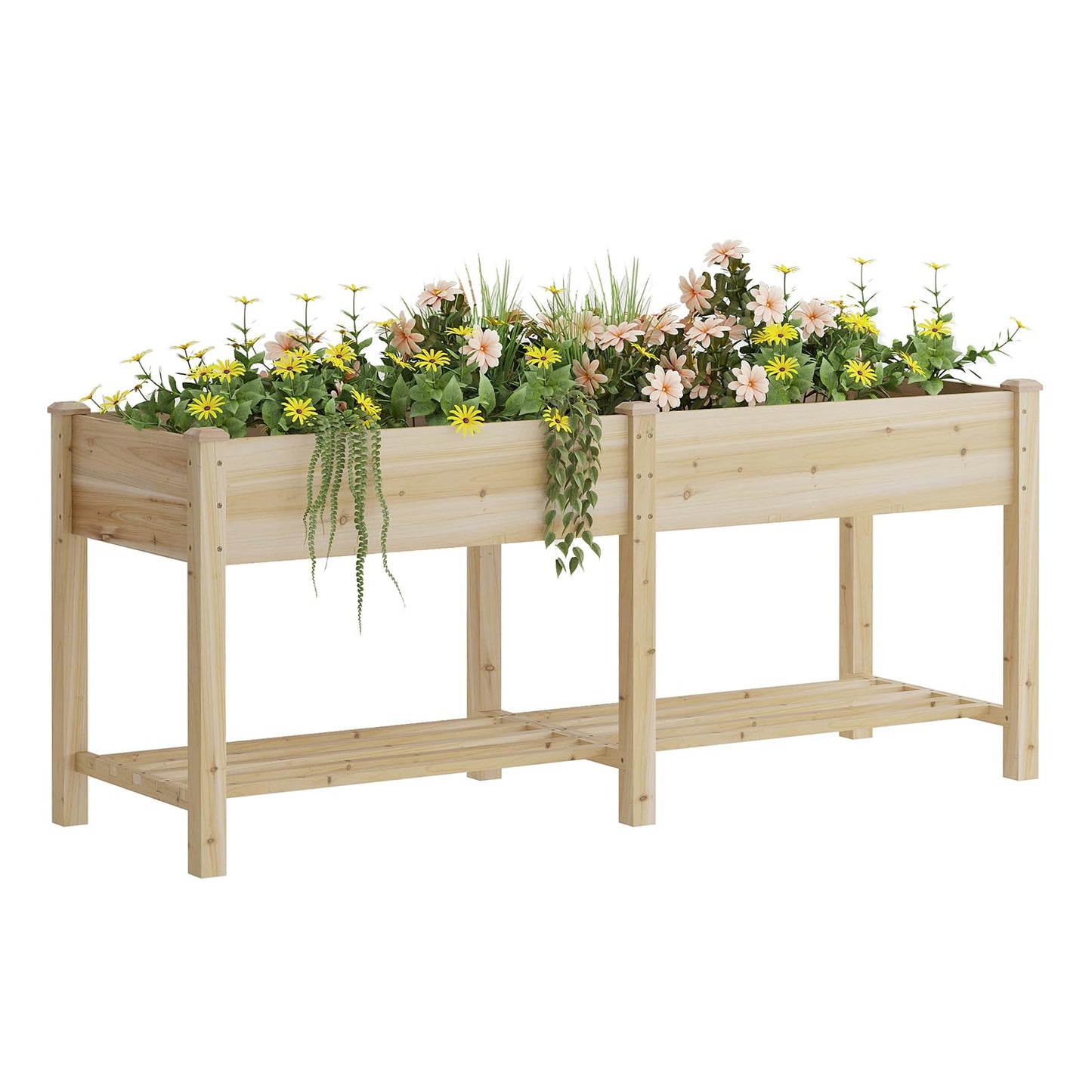 72x24x30.7 Wooden Planter Box with Storage Shelf Raised Garden Bed with Legs Elevated Wood Planter Box for Vegetables Flowers Herbs Garden Planter for Backyard Patio Balcony (Natural, Large)