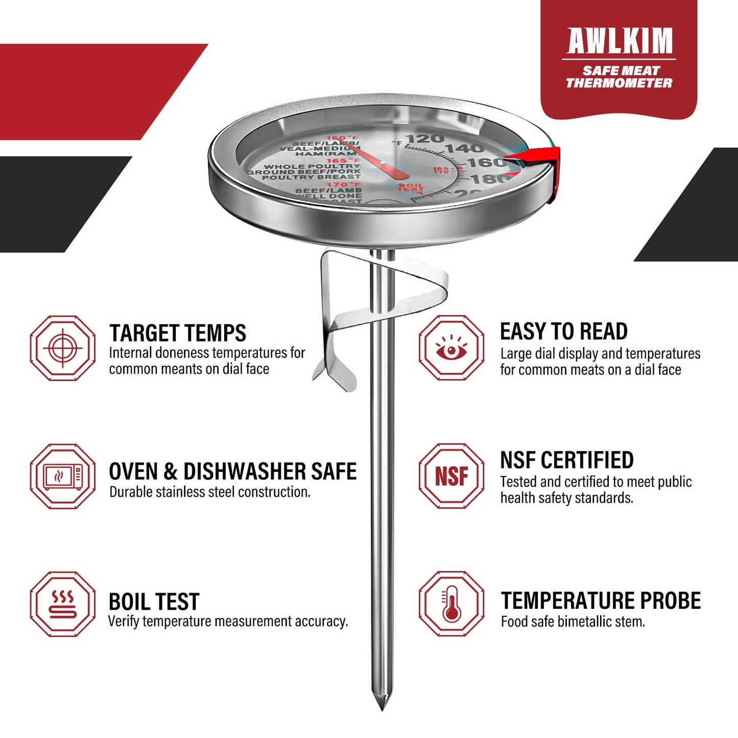 AWLKIM® 2 Pack Stainless Steel Meat Thermometer, Safe Leave in Oven, 2.5-in Extra-Large Dial Food Thermometer for Cooking, Temperature Probe for Baking, Candy, Steak, Turkey - Kitchen Gadgets