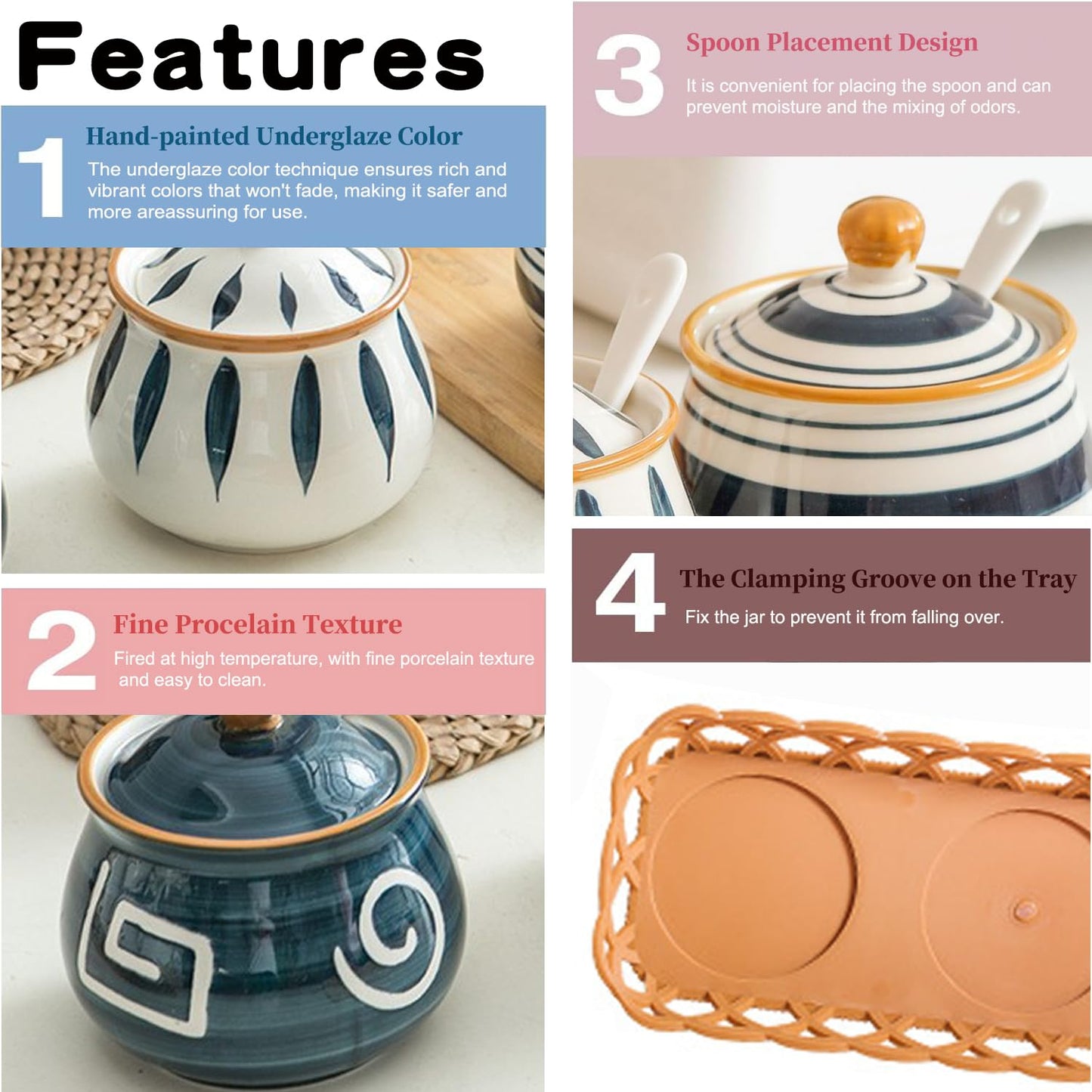Orkim Kitchen Ceramic Condiment Jars with Lids and Spoons, 3 Piece Porcelain Seasoning Jar Set for Salt Spice Pepper Suger Bowl, Coffee Tea Container Pot with Serving Tray - Japanese Style