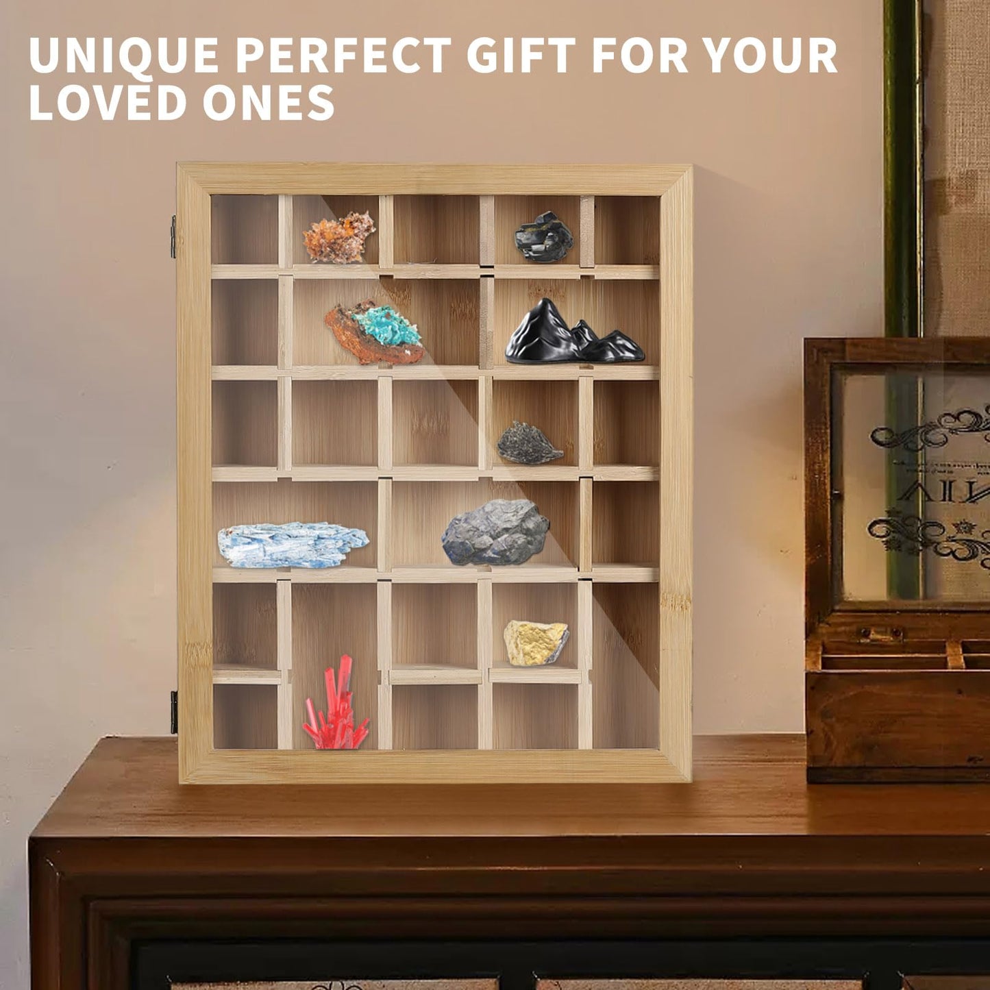AUTOARK Adjustable Rock Display Case,Bamboo Crystal Organizer for Stones Storage,Suitable for Displaying and Storing Various,AHK-054