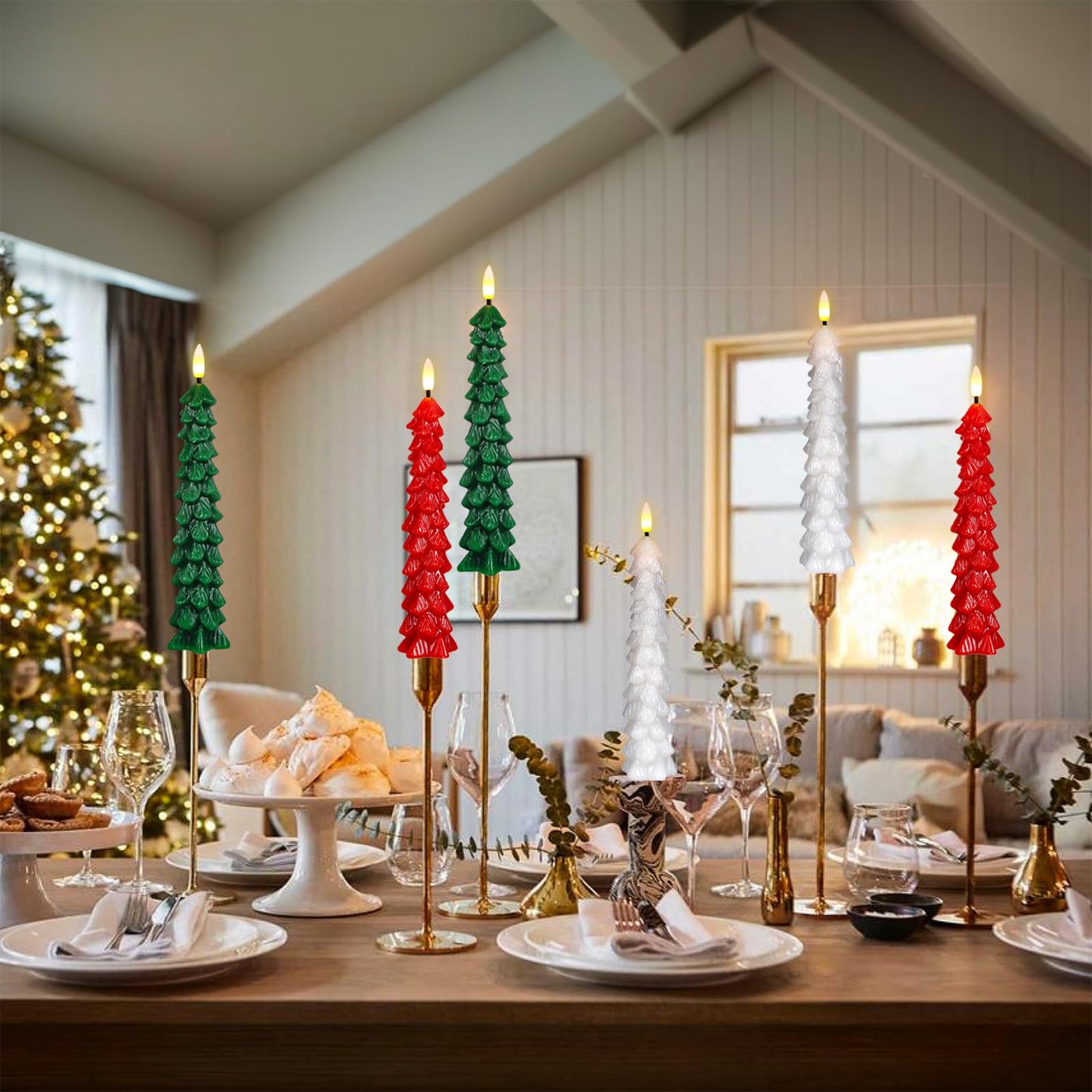 KunSwenn Christmas Tree Candles Battery Operated, Red Waxy Christmas Tree Flameless Taper Candles with Remote Timer, Set of 4 LED Flameless Candlesticks for Xmas Holiday Home Winter Decor(0.78”x9.8”)