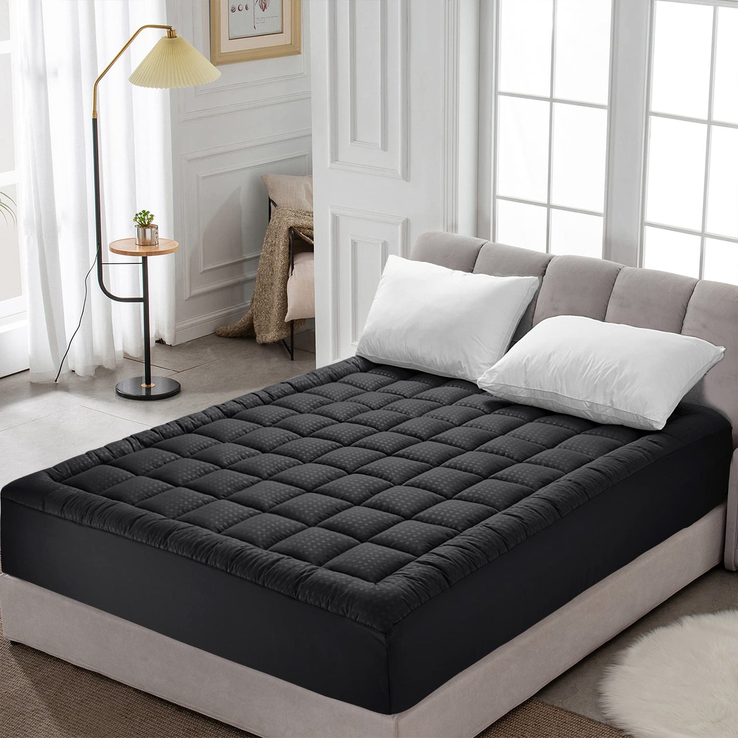 HYLEORY Queen Mattress Pad Quilted Fitted Mattress Protector Cooling Pillow Top Mattress Cover Breathable Fluffy Soft Mattress Topper with 8-21" Deep Pocket, Black