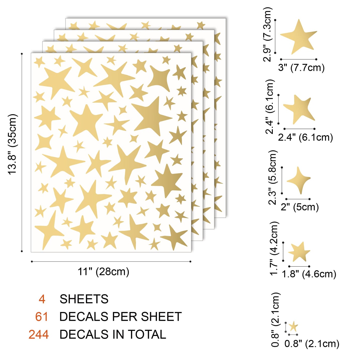 SHYJSHYJ 244 Pcs Metallic Gold Vinyl Stars Wall Decals, Peel and Stick Celestial Sparkles Wall Stickers for Nursery Bedroom Livingroom Whimsical Home Wall Art Decor