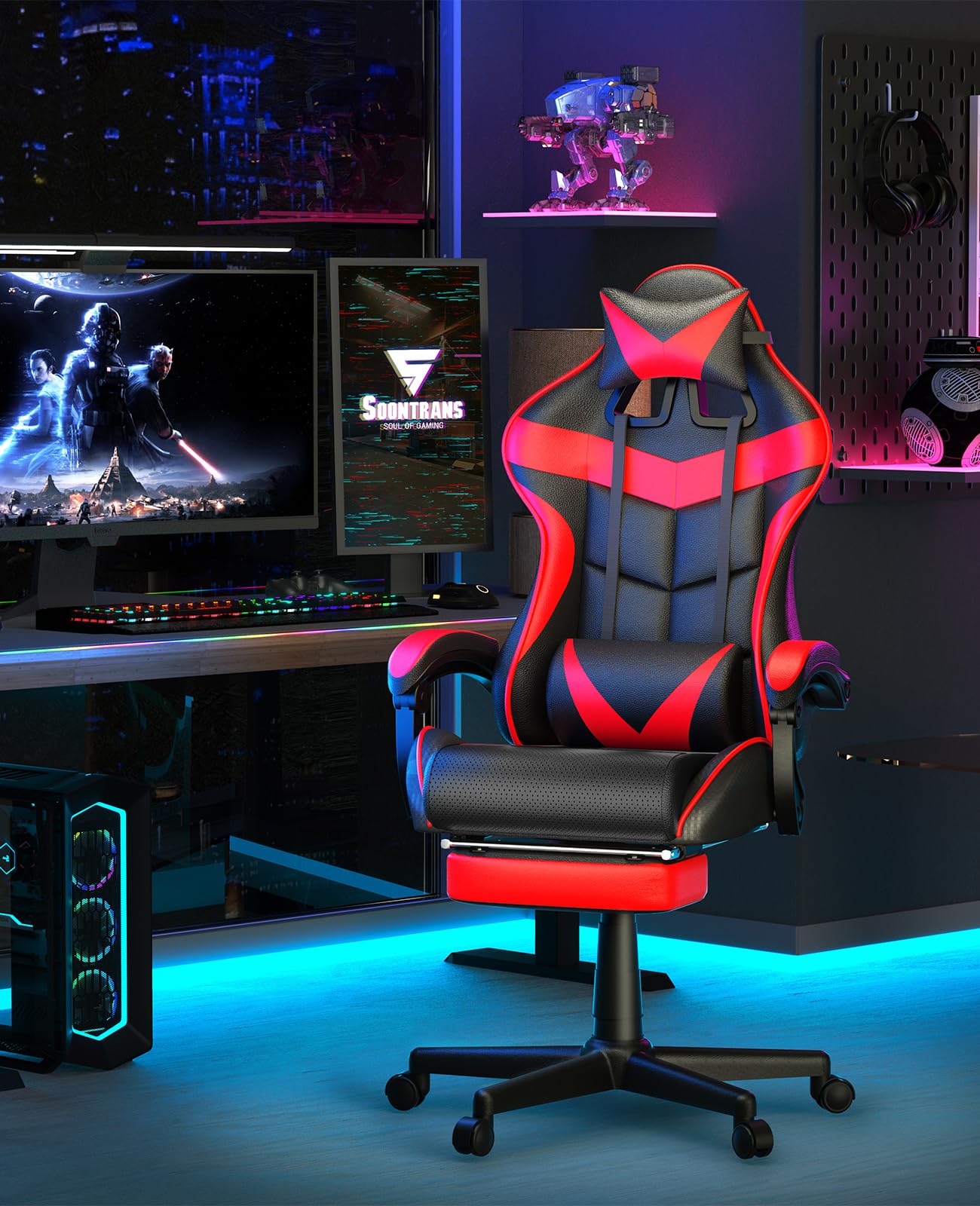 Soontrans Red Gaming Chairs with Footrest,Racing Gaming Chair,Computer Gamer Chair,Ergonomic Game Chair with Adjustable Headrest and Lumbar Support