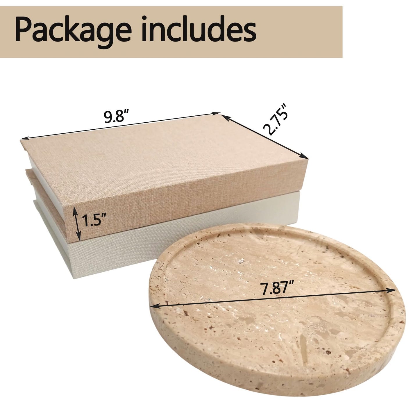 Decorative Books with Natural Travertine Marble Tray – Linen Covered Fake Books & Unique Yellow Stone Serving Tray 8" – Coffee Table Dining Entryway Shelf Decor for Living Room, Perfume, Plant