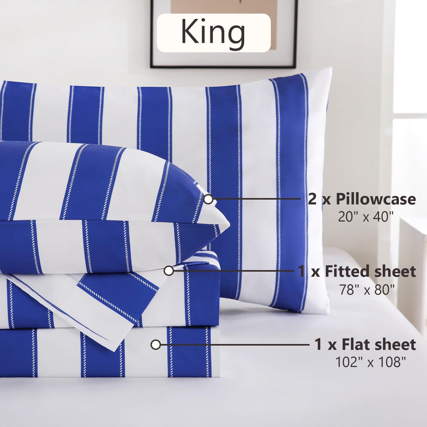 MCO 4Pieces Striped Sheets Set, Breathable King Sheet Set with 16" Deep Pocket,Modern & Luxury, Brushed Microfiber Bedding Set(King, Navy Blue)