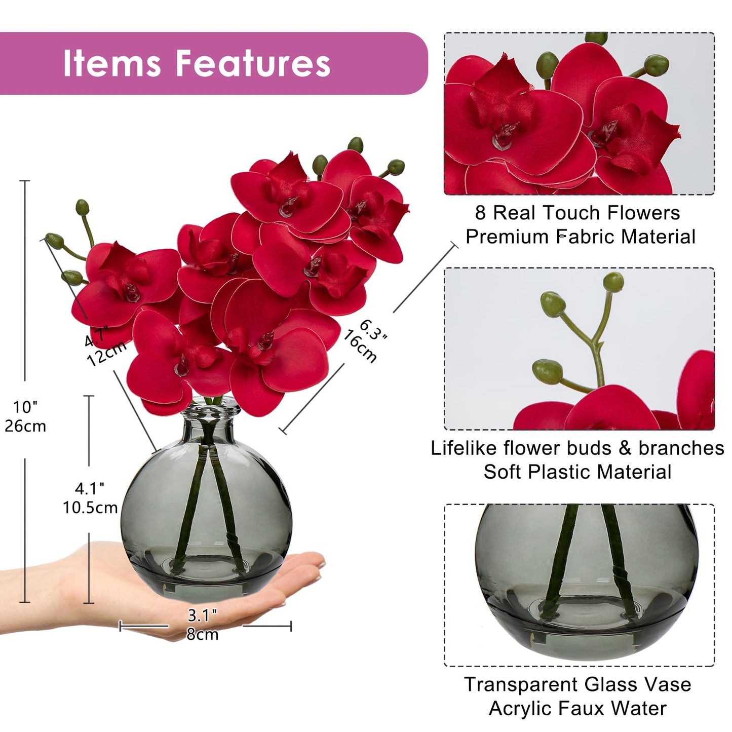 Oairse Red Orchids Artificial Flowers Faux Orchid Arrangement with Clear Glass Vase Set of 2 Real Touch Phalaenopsis Orchid Flowers Orchid Centerpiece for Dining Room Table