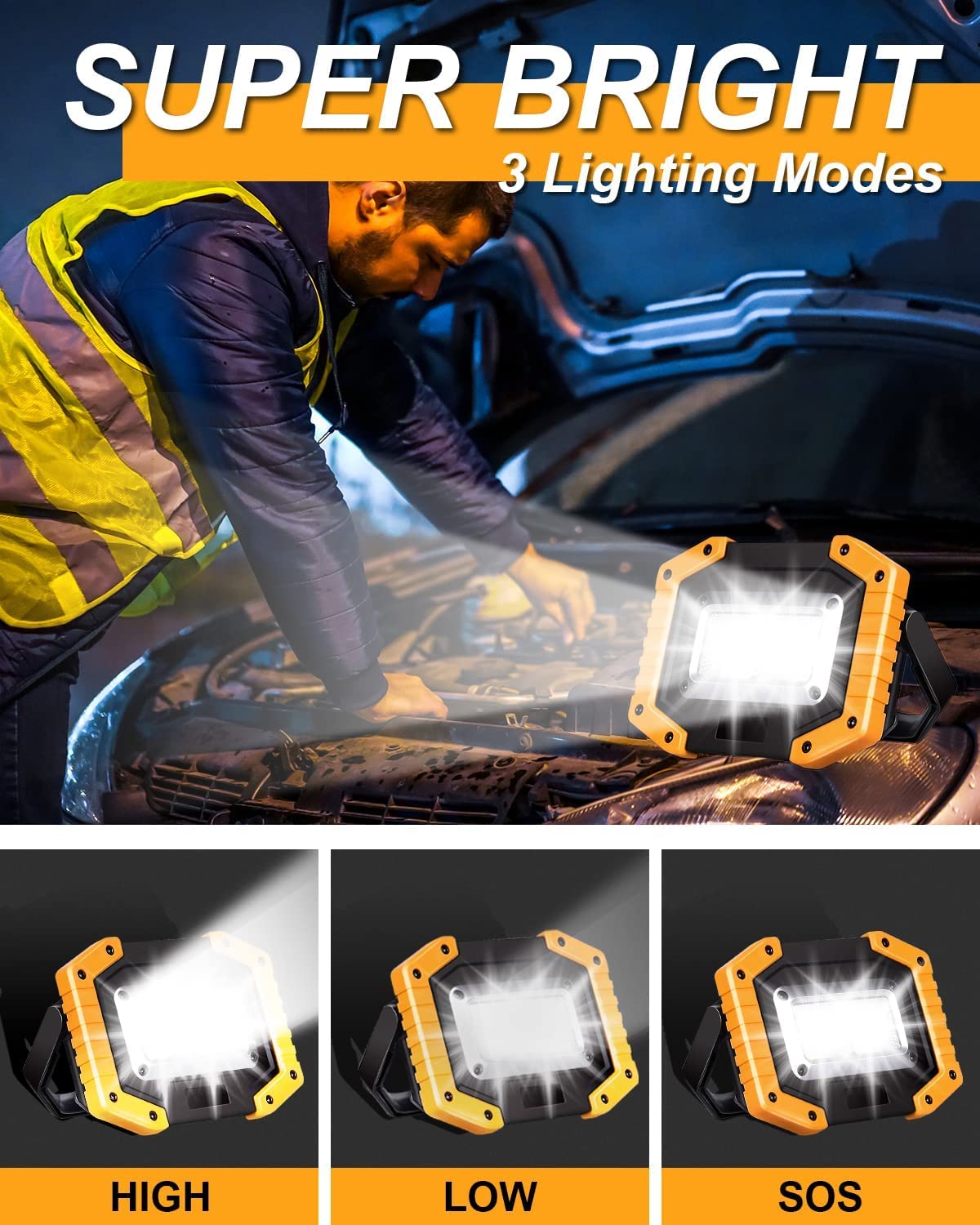 Beizkna 30W LED Work Light Rechargeable Portable COB Battery Floodlight Super Bright 2000Lm Outdoor Security Light USB Waterproof Lamp for Camping Hiking Fishing Emergency Garage Workshop (2 Pack)