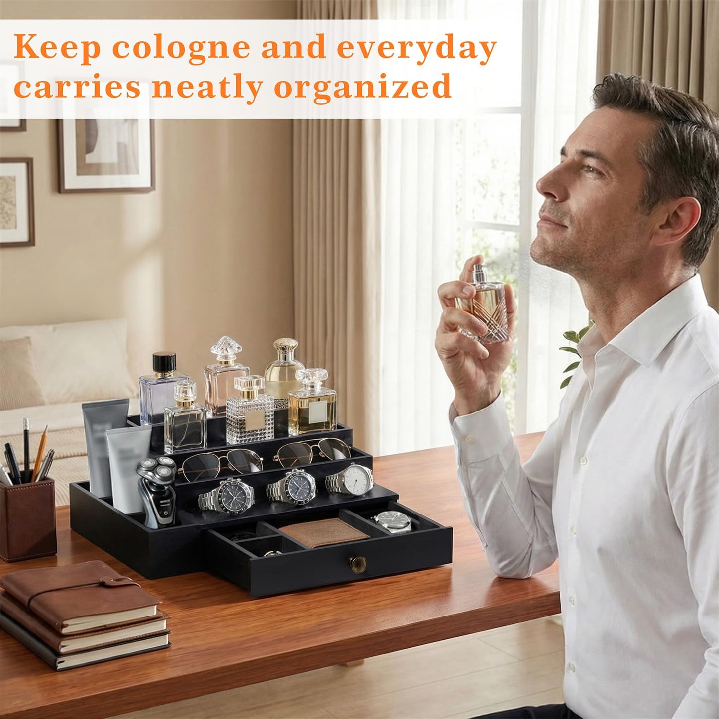 Aollewoiti Cologne Organizer for Men, 4-Tier Wooden Perfume Stand with 3 Velvet Lining Drawers, Large Capacity Perfume Display, Black Fragrance Storage Shelf for Dresser, Mens Gift for Birthday Father's Day