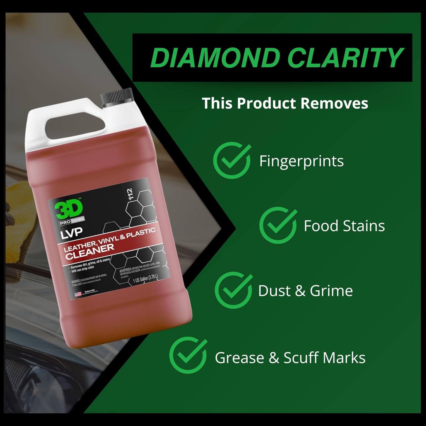 3D LVP Interior Cleaner - Removes Dirt, Grime, Grease, Oil & Stains from Leather, Vinyl & Plastic - Great for Seats, Steering Wheels, Door Panels, Dashboards - Car, Office, Home Use - 1 Gallon