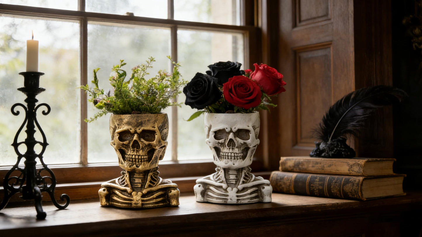 COMODID Unique Skull Decor,Skeleton Planter Spooky Face Flower Pot with Drainage Hole,Resin Skull Head Planter for Succulents, Indoor Outdoor Gothic Halloween Home Decor, Gift for Plant Lovers(White)