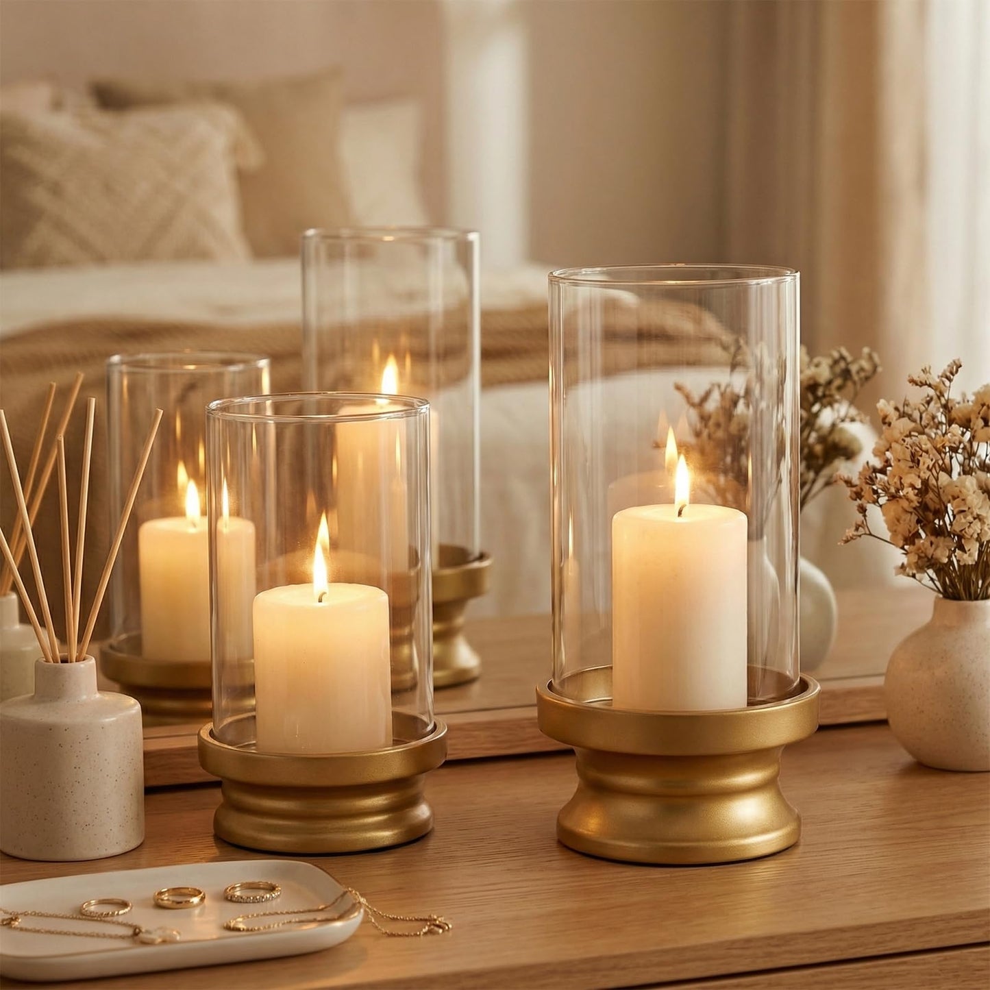 Gold Hurricane Candle Holders Set of 2 with Glass - Modern Pillar Candle Stands for Fireplace Mantel, Dining Table Centerpiece & Home Decor, 7.1" & 9" High
