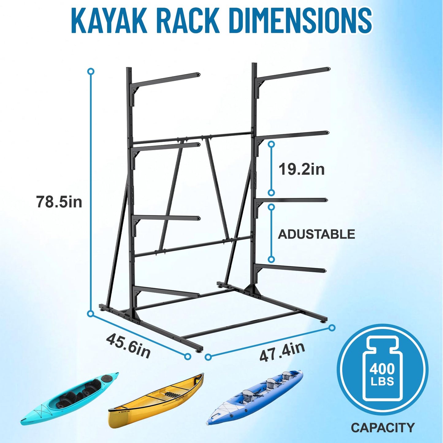 LXVOOEE Kayak Storage Rack, Heavy Duty Freestanding Kayak Rack for Garage and Outdoor Storage, Kayak Stand Adjustable for Kayak, Canoe, Surfboard and Paddle Board, 4-Layer