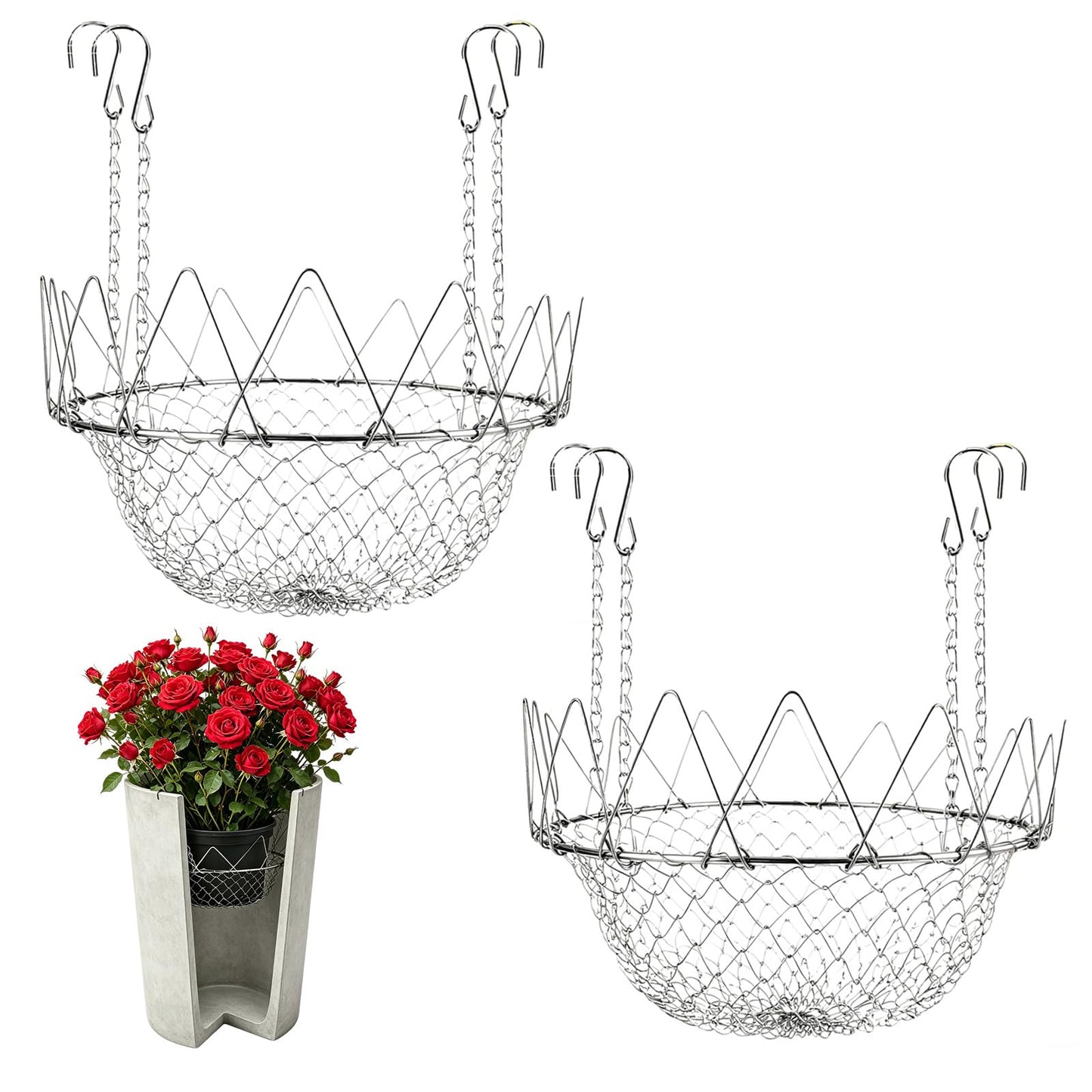 2Pcs Adjustable Planter Insert for Pots Any Height,12-18" Plant Risers for Inside Pots,Heavy Duty Rustproof Stainless Steel Plant Pot With Chains, Chain Pot Fillers for Tall Planters to Reduce Soil