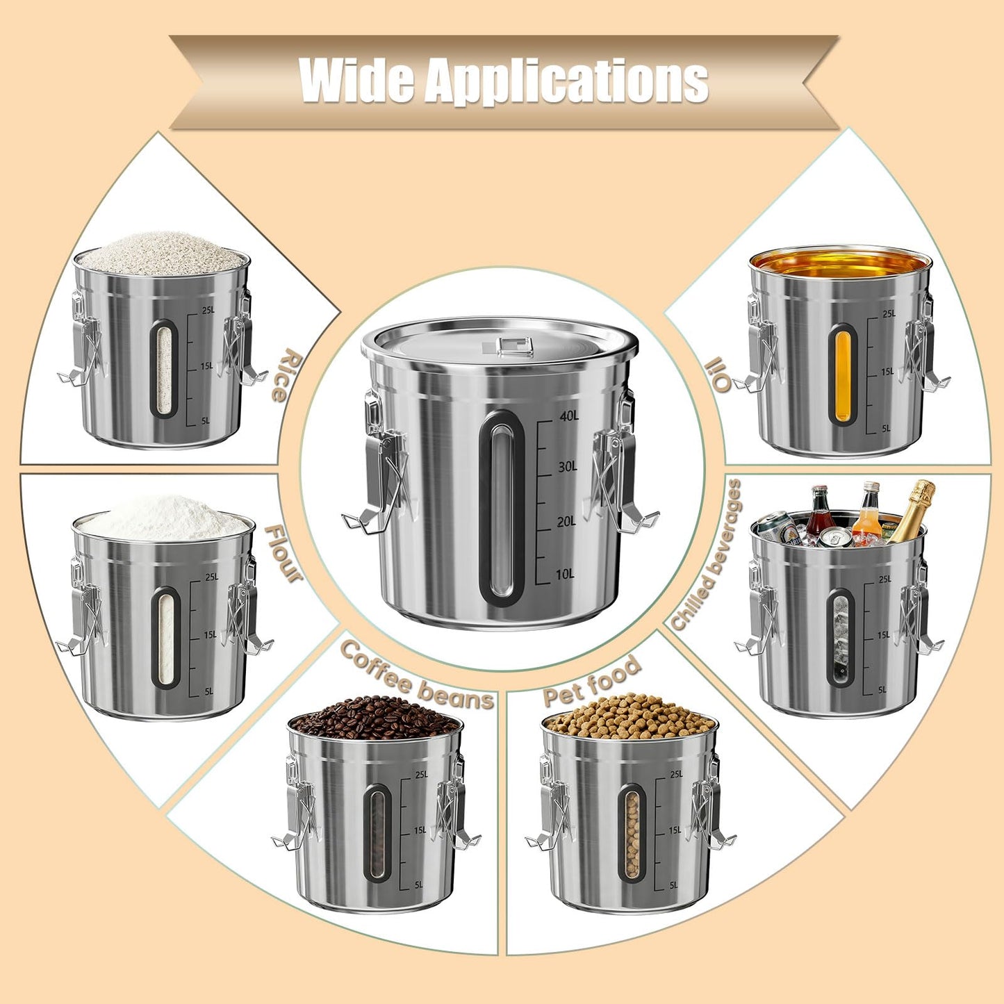 Domart 3 pcs 12/21/33L Stainless Steel Airtight Canister with Lid and Locking Clamp, 3.2/5.5/8.7 Gal Storage Container for Rice/Flour/Grain/Pet Food, for Kitchen/Pantry/Restaurant
