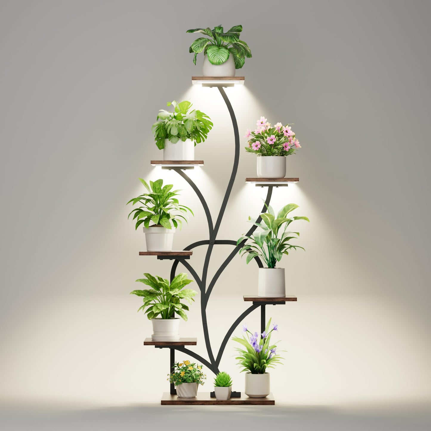 BEVAURORA Plant Stand Indoor with Grow Lights - 51" Tall Plant Stand, Corner Plant Shelf for Indoor Plants, 8 Tiered Lighted Flower Holder, Vase-shaped Plant Rack for Home, Black & Brown