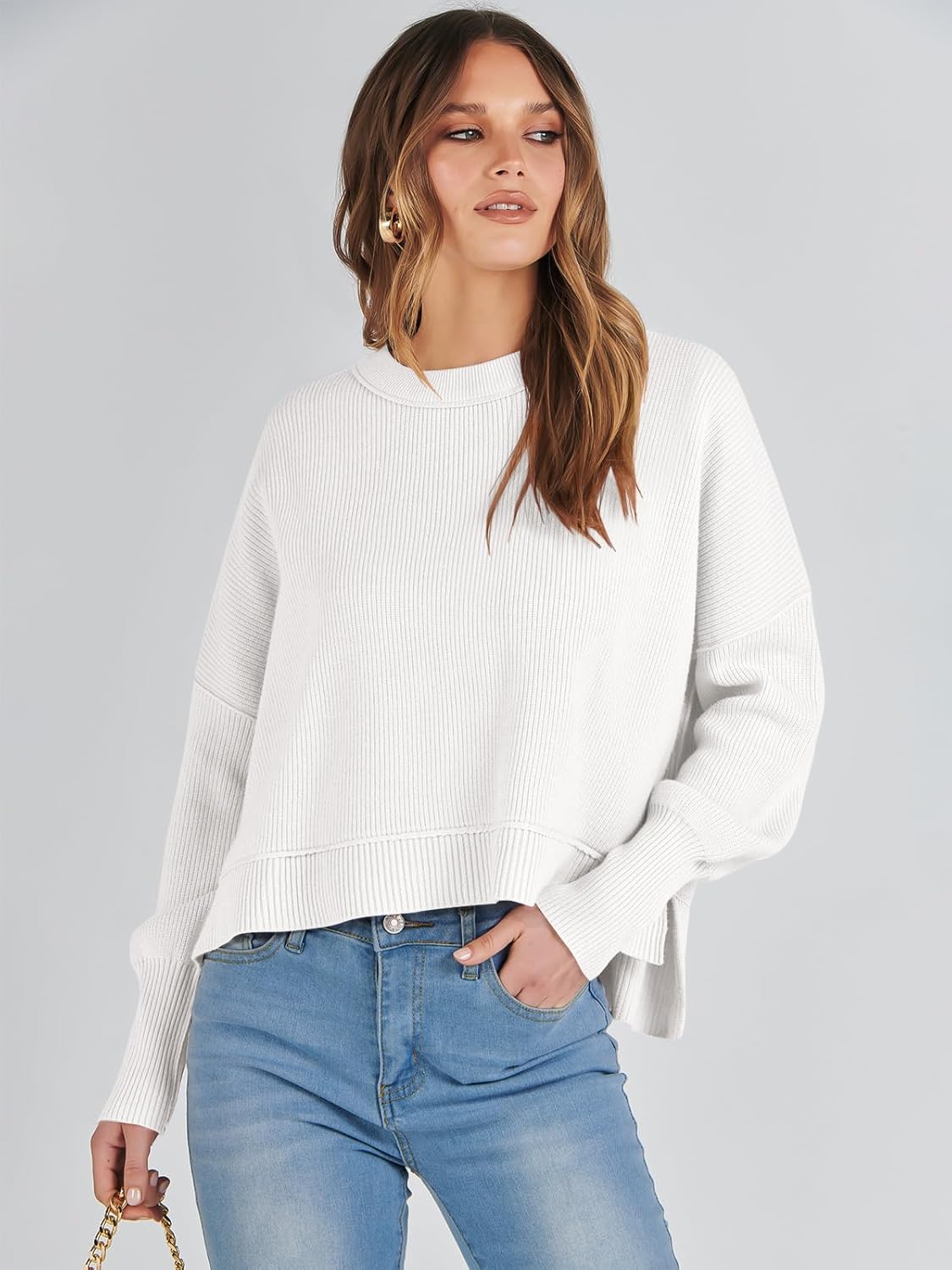 ANRABESS Womens Cropped Sweaters Oversized Crewneck Long Batwing Sleeve Side Slit Ribbed Knit Pullover Tops 2025 Fall Clothes