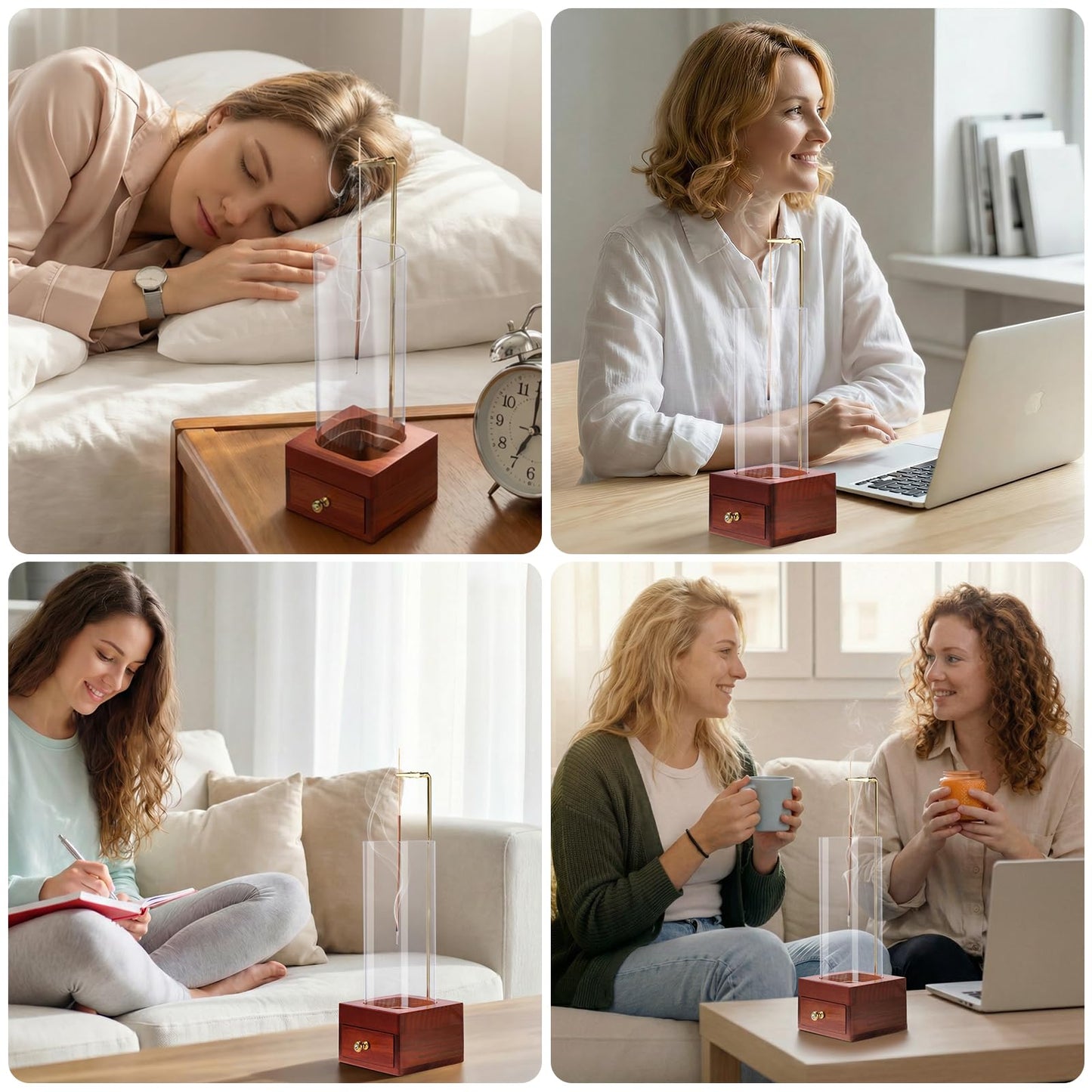 LIGOFLORA Brown Wooden Incense Holder with Easy-Clean Ash Catcher Drawer, Vertical Incense Burner with Windproof Glass Tube & Stainless Steel Base for Meditation, Includes 20 Sticks