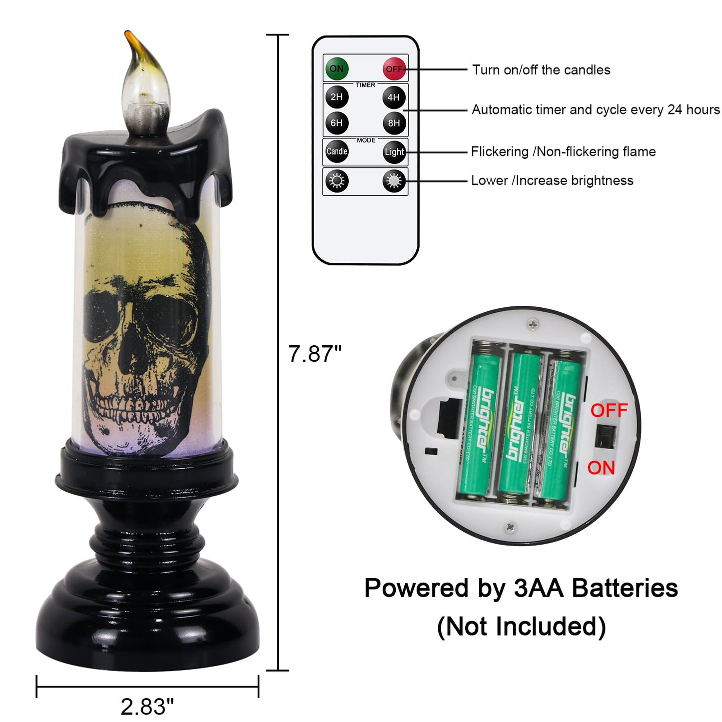 Eldnacele Halloween Flameless Candle Lamp Battery Operated with Remote and Timer, Spooky Horror Skull Crow Spider Decals LED Candle Lights Indoor Home Decor Candles Set of 3, 2.8" D x 7.8" H