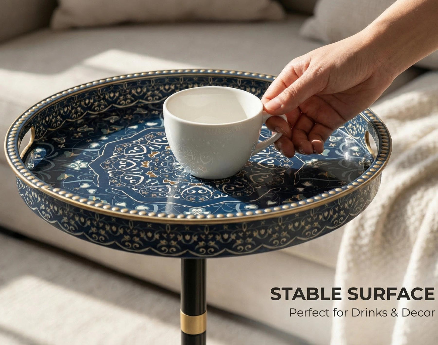 Gesodant Boho Single Leg Round Side Table with Tray Top, Pedestal Drink Table for Small Spaces, Aesthetic Accent Nightstand for Living Room, Bedroom, Corners, and Office (Blue Maze)