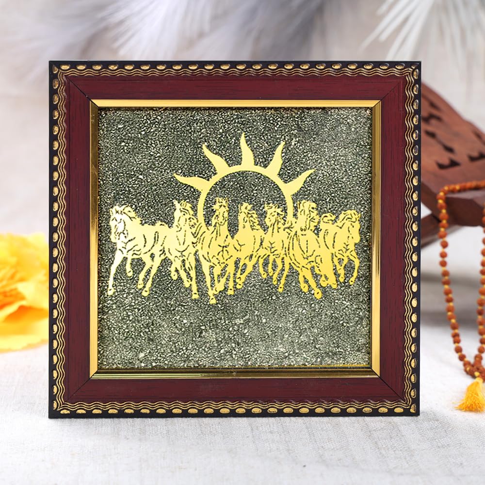 SATVIK 7 Horses on Raw Pyrite Frame – Natural Raw Pyrite Crystal Decorative Frame with Wooden Base – Seven Running Horses Motif for Home & Office Décor