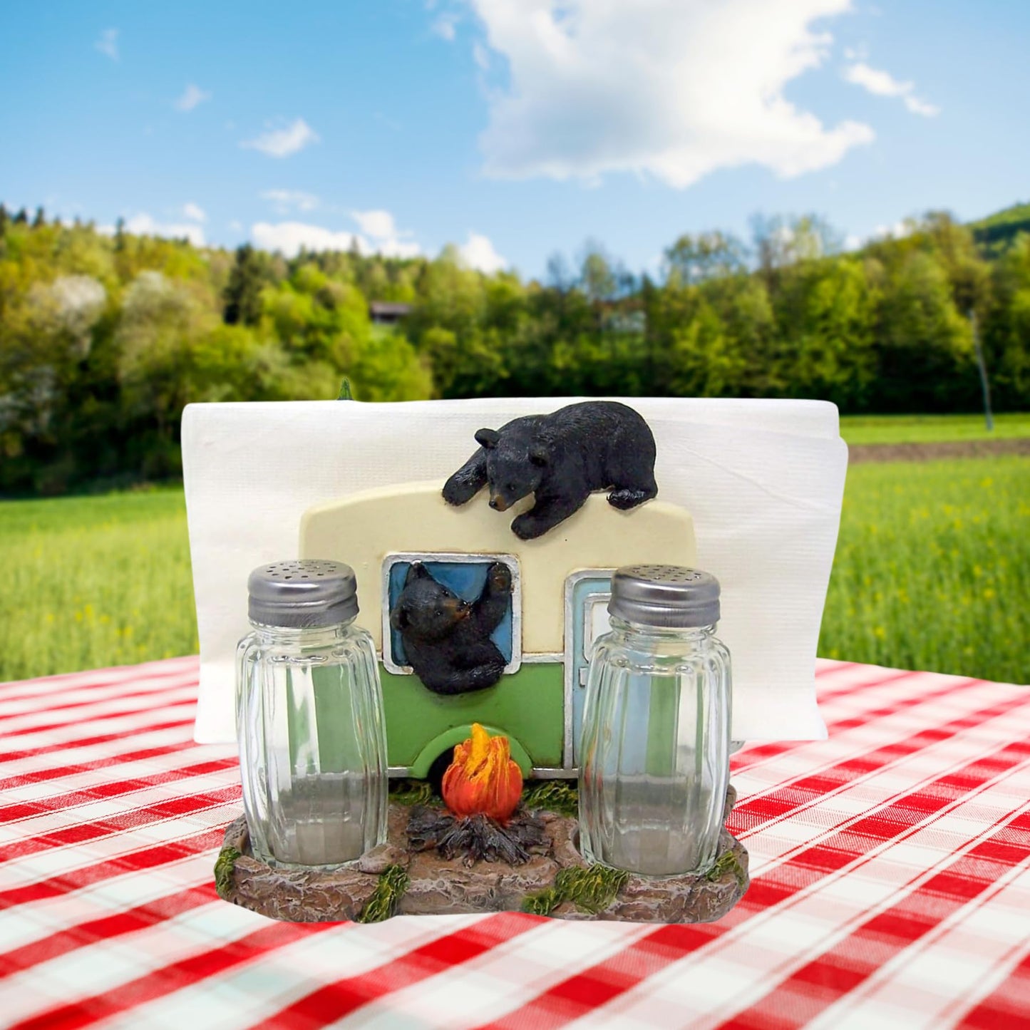 Rustic Kithcen Accessory- Black Bear in a Camper Salt and Pepper Shaker and Napkin Holder, 5 Inch (Shakers Included)
