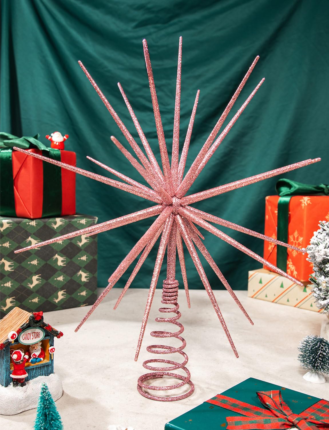 13.7 Inch Pink Christmas Tree Topper - 3D Burst Pink Tree Topper, Exploding Star Christmas Tree New Year Holiday Tree Decoration