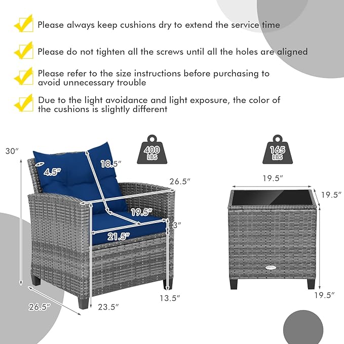 HAPPYGRILL 3 Pieces Patio Conversation Set, Outdoor Furniture Set PE Rattan