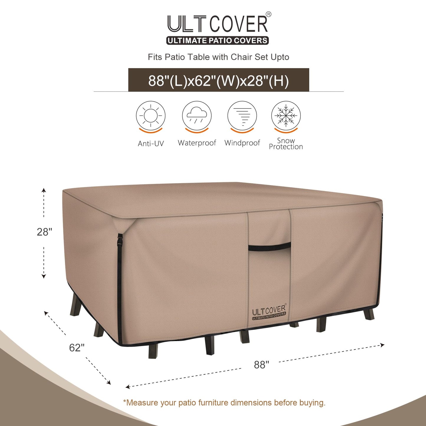 ULTCOVER Rectangular Patio Heavy Duty Table Cover - 600D Tough Canvas Waterproof Outdoor Dining Table and Chairs General Purpose Furniture Cover Size 88L x 62W x 28H inch