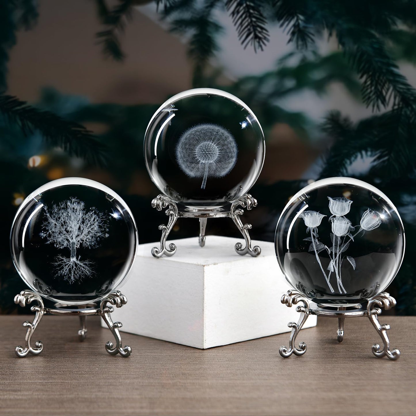 Tree of Life Crystal Ball with Stand, 60mm 3D Laser Engraved Glass Sphere Decorative Balls Paperweight Gifts for Women Mom Kids