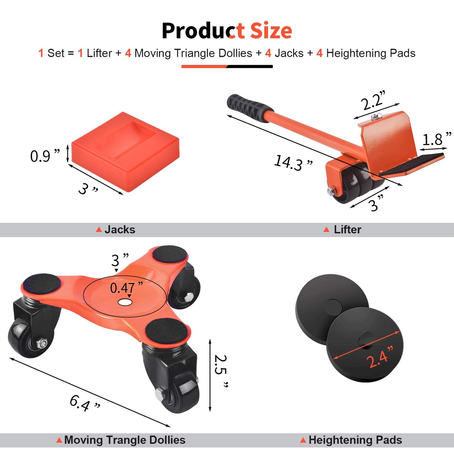 Ronlap 6-Inch Steel Tri-Dolly, 3-Wheel Furniture Mover's Dolly with Lifer, Heavy Furniture Moving Rollers, 200 KG Capacity 4 Pack (Orange)