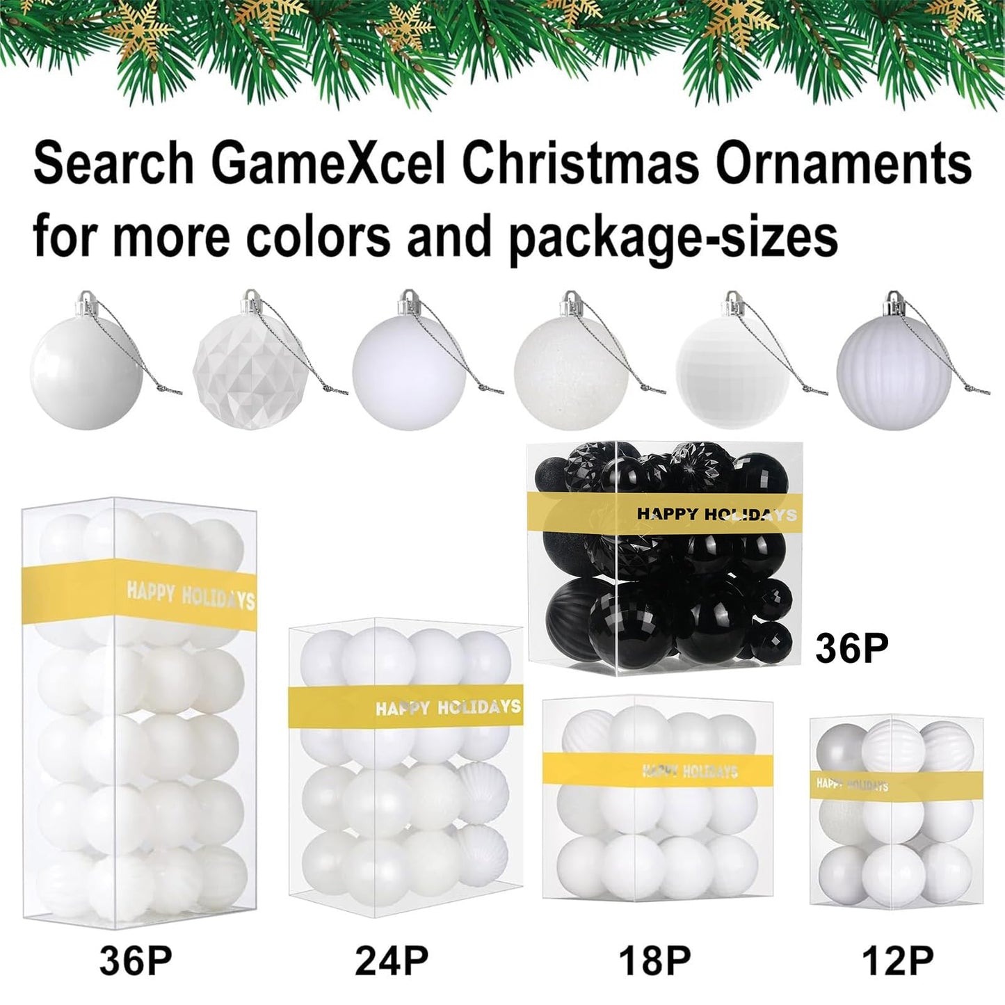 White Christmas Ornaments - Christmas Tree Decorations Shatterproof Hanging Balls for Birthday Wedding Holiday Decor Set of 36pcs, Multi-Sizes(1.6",2.5",3.2")