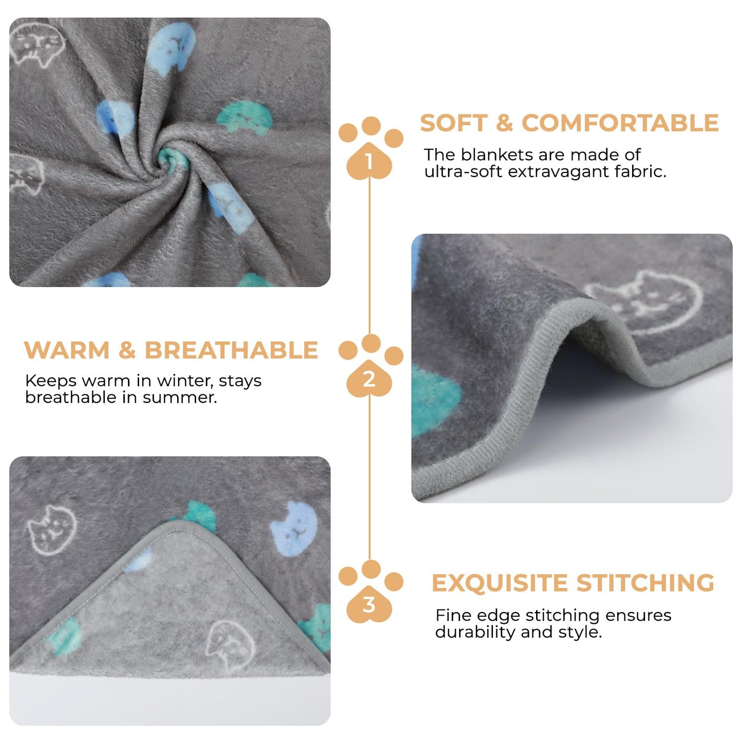 1 Pack 3 Blankets Super Soft Fluffy Premium Cute Cat Pattern Pet Blanket Flannel Throw for Dog Puppy Kitten Blue/Cyan/Grey Medium(30x20 inch)