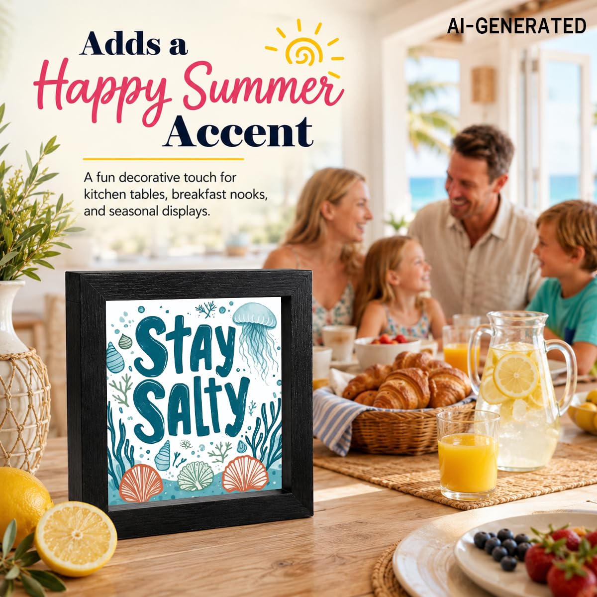 Beach Decorations for Home, Stay Salty Acrylic Sign with Wood Frame, SUmmer Beach Theme Decor for House Room Bedroom Bathroom Classroom 6.3 x 6.3 Inch