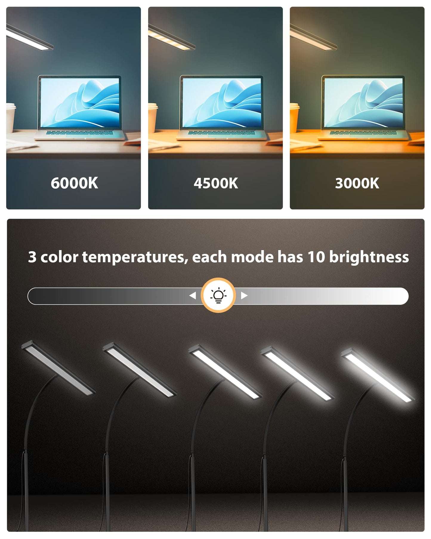 iFalarila 2024 Version 160 LED Desk Lamp - Super Bright Dimmable Clamp Lamp for Home Office with 3 Colour Temperatures and 10 Brightness Levels, Office Lamp with 10W USB Adapter