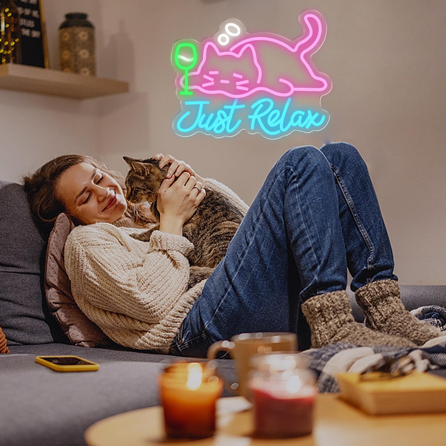 UExnkj-Y Cat Beer Neon Sign, Just Relax Neon Signs for Wall Decor, USB Dimmable Pink Cat Bar Light Up Sign for Pet Lover Bedroom Bar Birthday Party Game Room Man Cave Home Decor