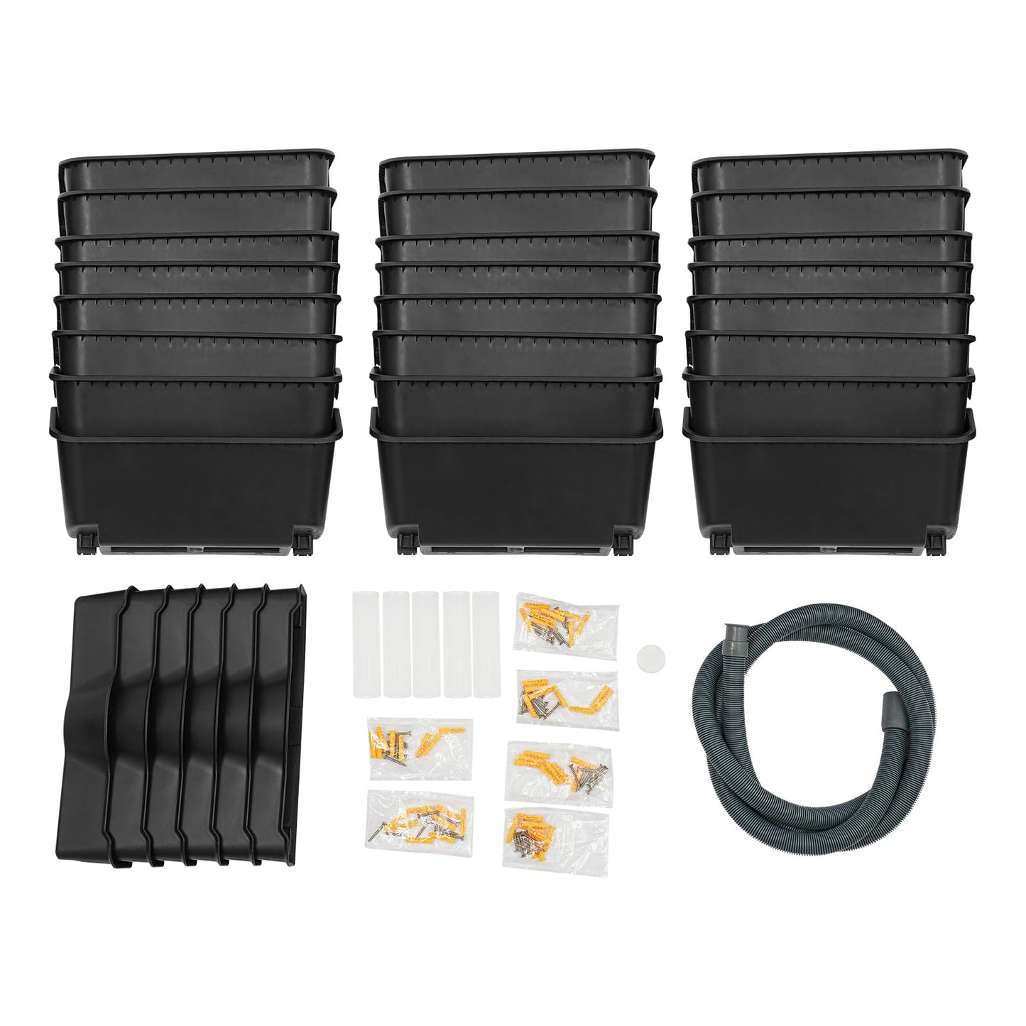 24Pack Vertical Wall Planter, 13 inch Wall Mounted Garden Planters, Stackable Wall Hanging Planter, Plastic Flower Pot with 4 Drainage Tray & 6.56FT Drainage Pipe for Indoor and Outdoor (Black)