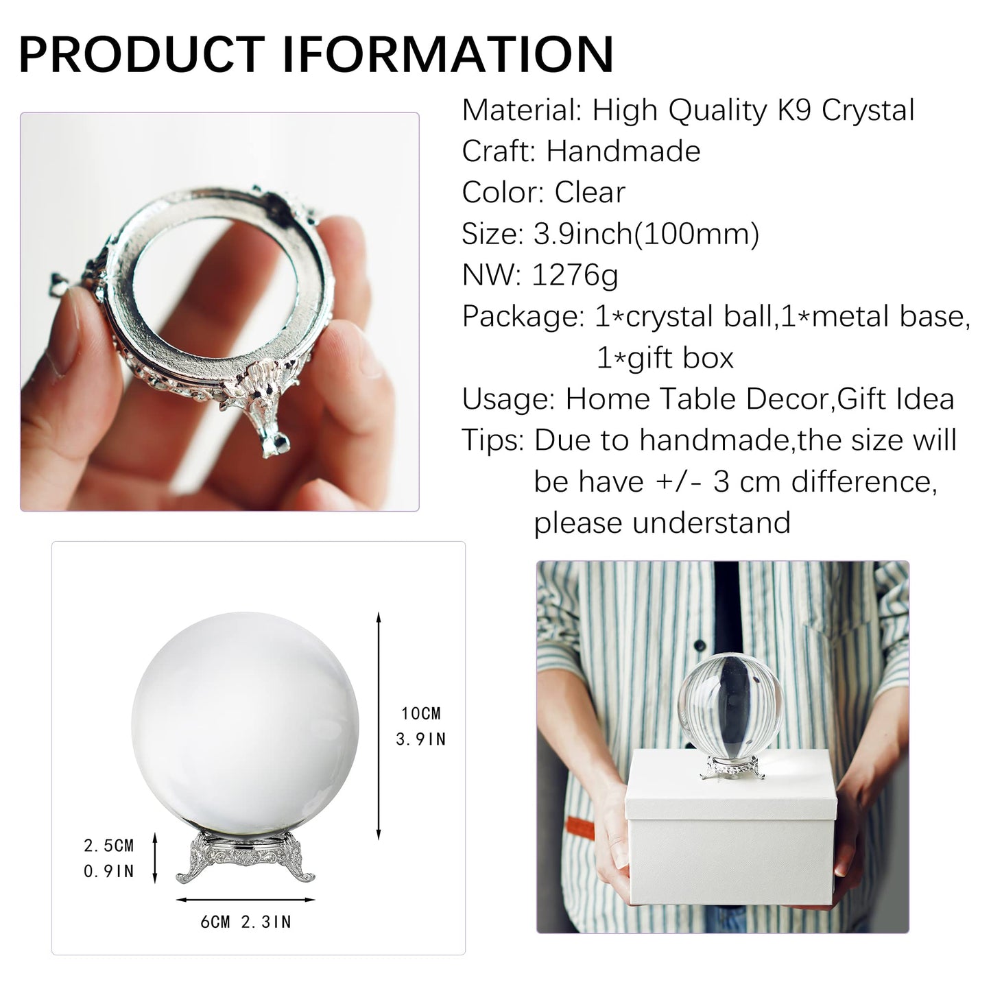 QFkris 100mm/3.9inch Clear Crystal Ball with Metal Stand Fortune Teller Mystical Quartz Ball Photography Props FengShui Divination Spheres Decorative Glass Ball