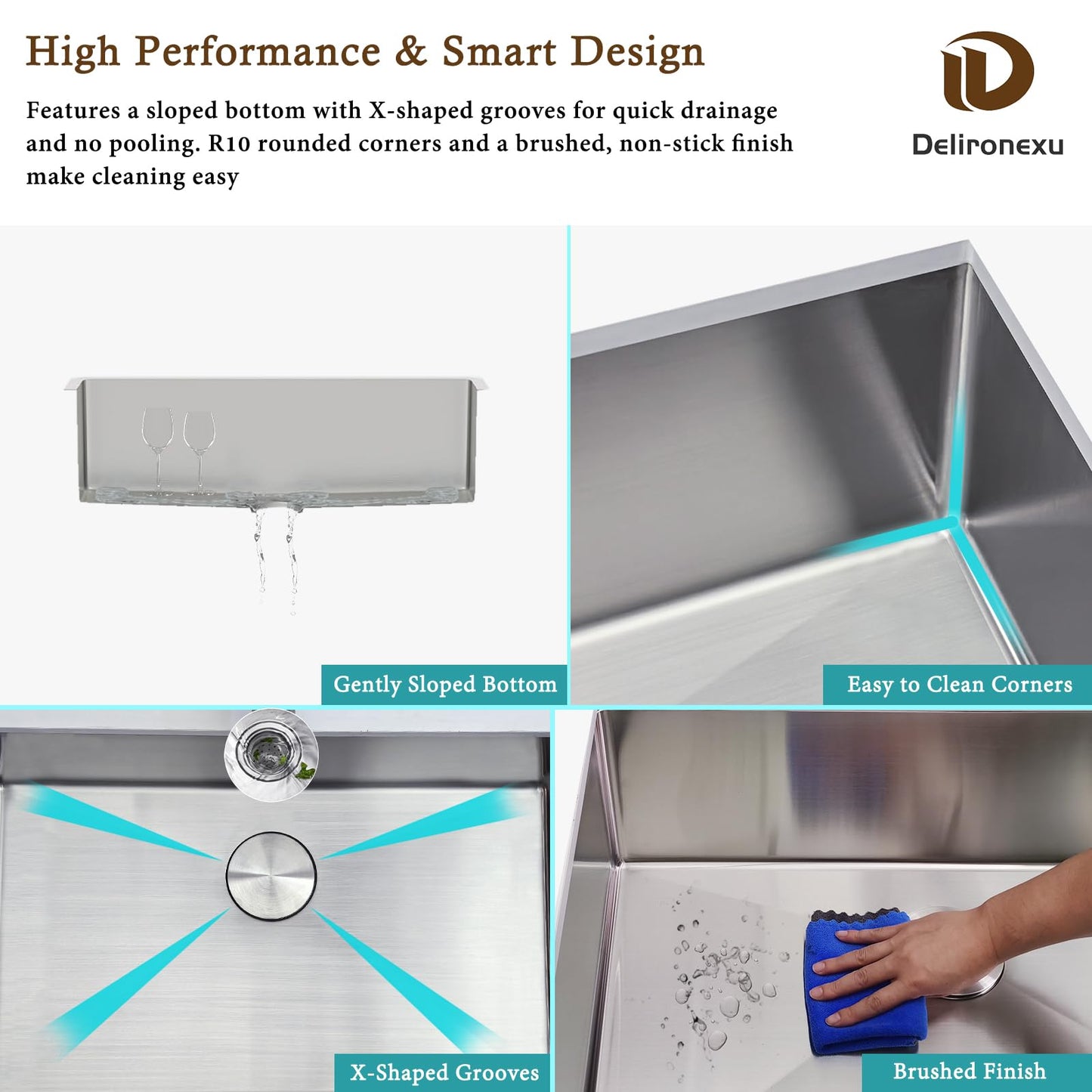30 Inch Undermount Kitchen Sink - Delironexu 18 Gauge Stainless Steel Single Bowl Kitchen Sinks 30"x18"x9" Handmade Design with Brushed, Includes Drain Kit (No Additional Accessories)