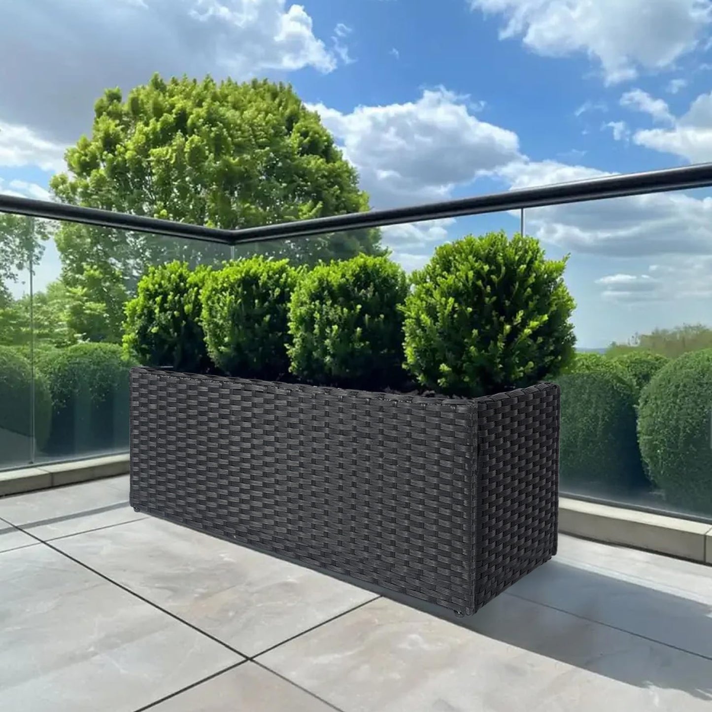 SUNNYPARK Black Rectangular Planter Box All-Weather PE Rattan Large Modern Planters with Removable Liner Indoor Outdoor Decorative Flower Pot for Patio, Balcony, Garden