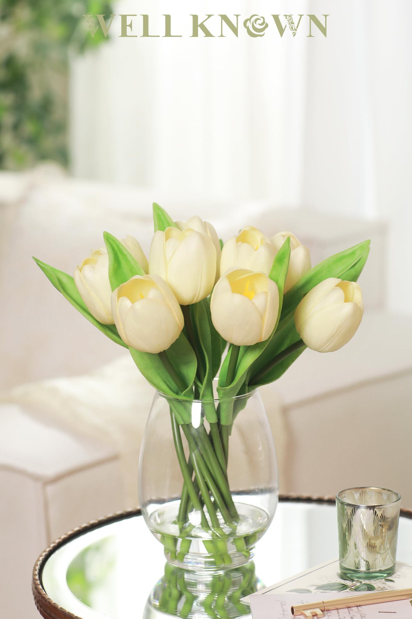 WELL KNOWN 12 Pcs Tulips Artificial Flowers in Vase, Real Touch Tulips with Vase with Upgrate Acrylic Water Flower Arrangements Centerpiece for Dining Room Table Decoration(Cream)