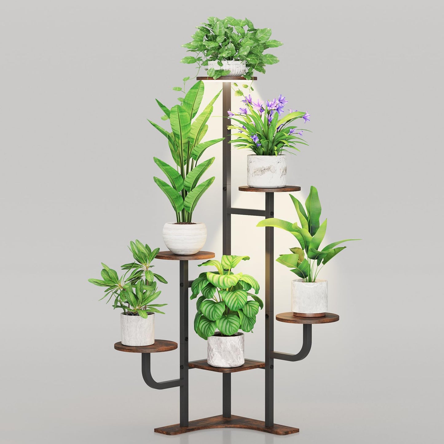 Homsorout Corner Plant Stand with Grow Light - 6 Tier Plant Stand Indoor Round Metal Plant Shelf with Adjustable Light, Plant Organizer for Living Room, Graden, Home Decor (Brown)