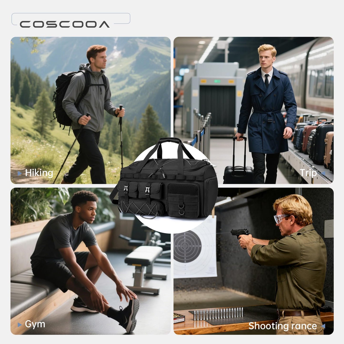 COSCOOA Tactical Gym Bags for Men, Carry On Luggage 22x14x9 Airline Approved, 3 in 1 Duffle Bag with Shoe Compartment,Travel Backpack Weekender Overnight Range Bag for Workout Football, Black