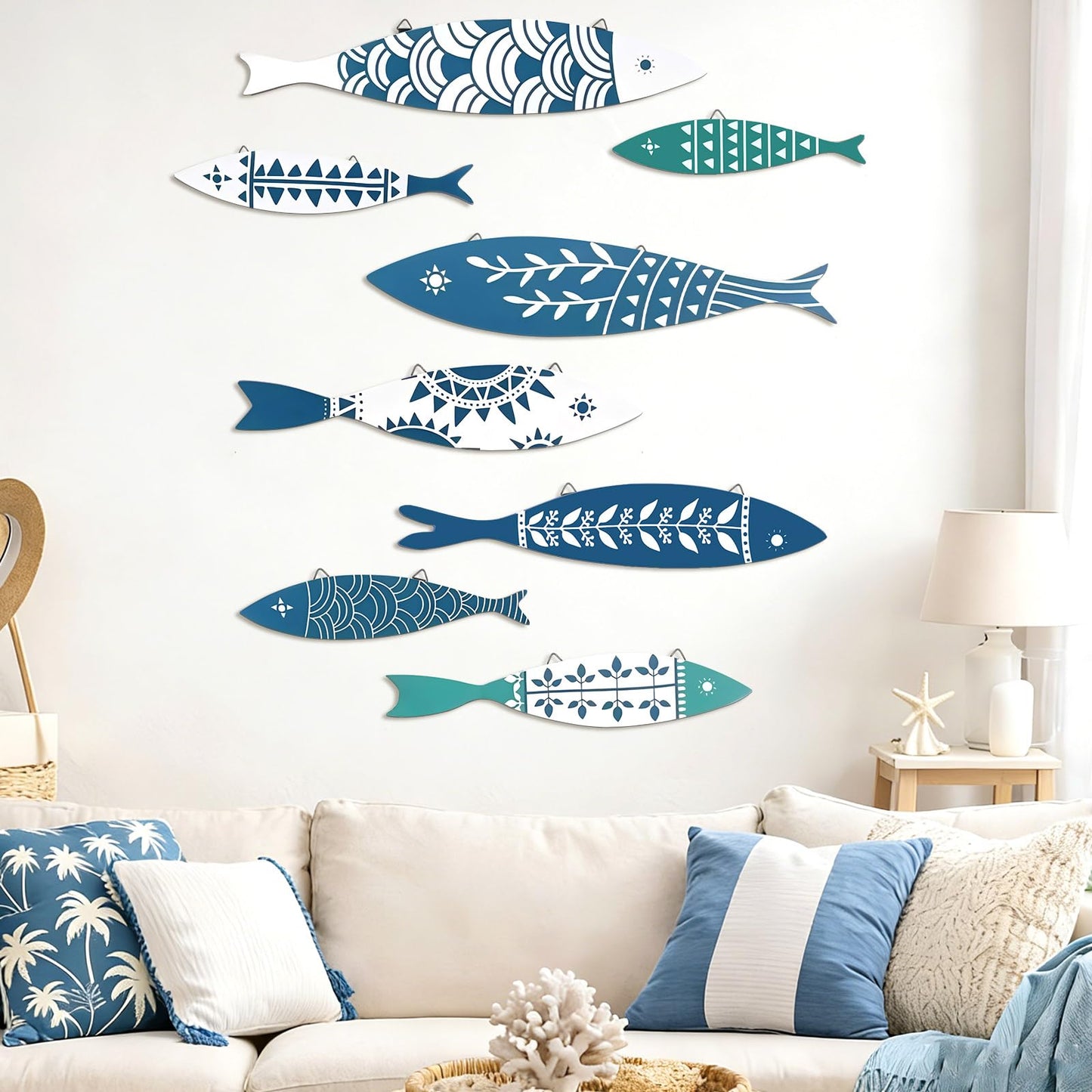 Novabright 8 Pcs Wooden Fish Wall Decor Nautical Oceans Beach Decor Fish Hanging Wall Art Ocean Coastal Rustic Farmhouse Theme for Home Ocean Lake House Bathroom Bedroom
