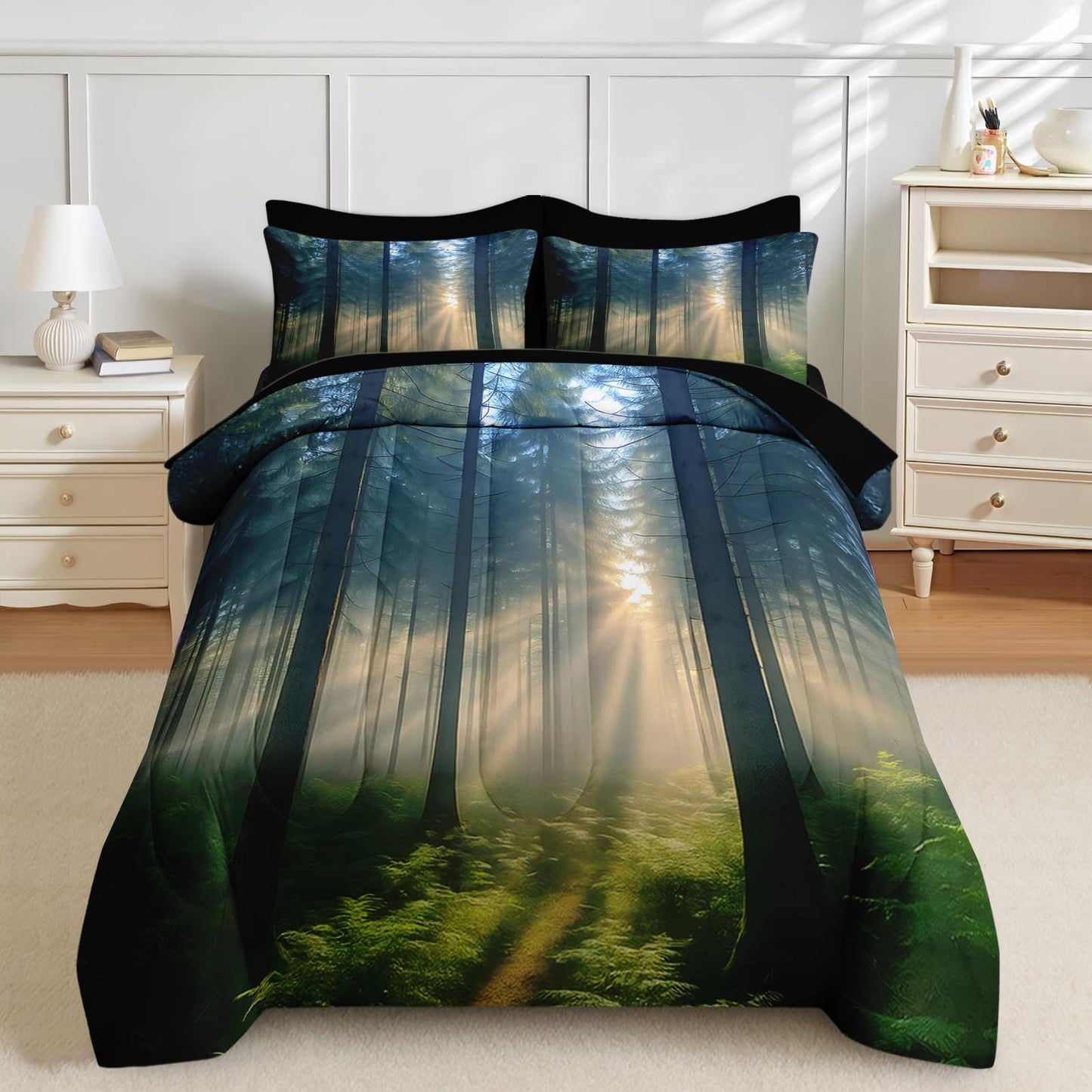 Nesker Comforter Set Full Size, Sunlit Forest Nature 7 Pcs Bedding for Kids and Adults, Misty Tree Forest Bed Sheet Sets with Fitted Sheet 2 Pillowcases & 2 Shams