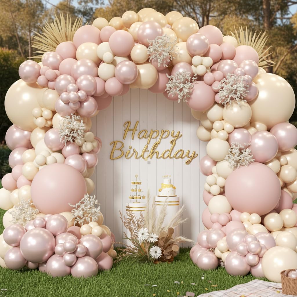 PTGOLUO Boho Dusty Pink Balloon Arch Garland Kit 153pcs, Double Stuffed White Pearl Balloon Blush Neutral Pink Balloons Arch Kit for Birthday Wedding Bridal Baby Shower Gender Reveal Party Decoration