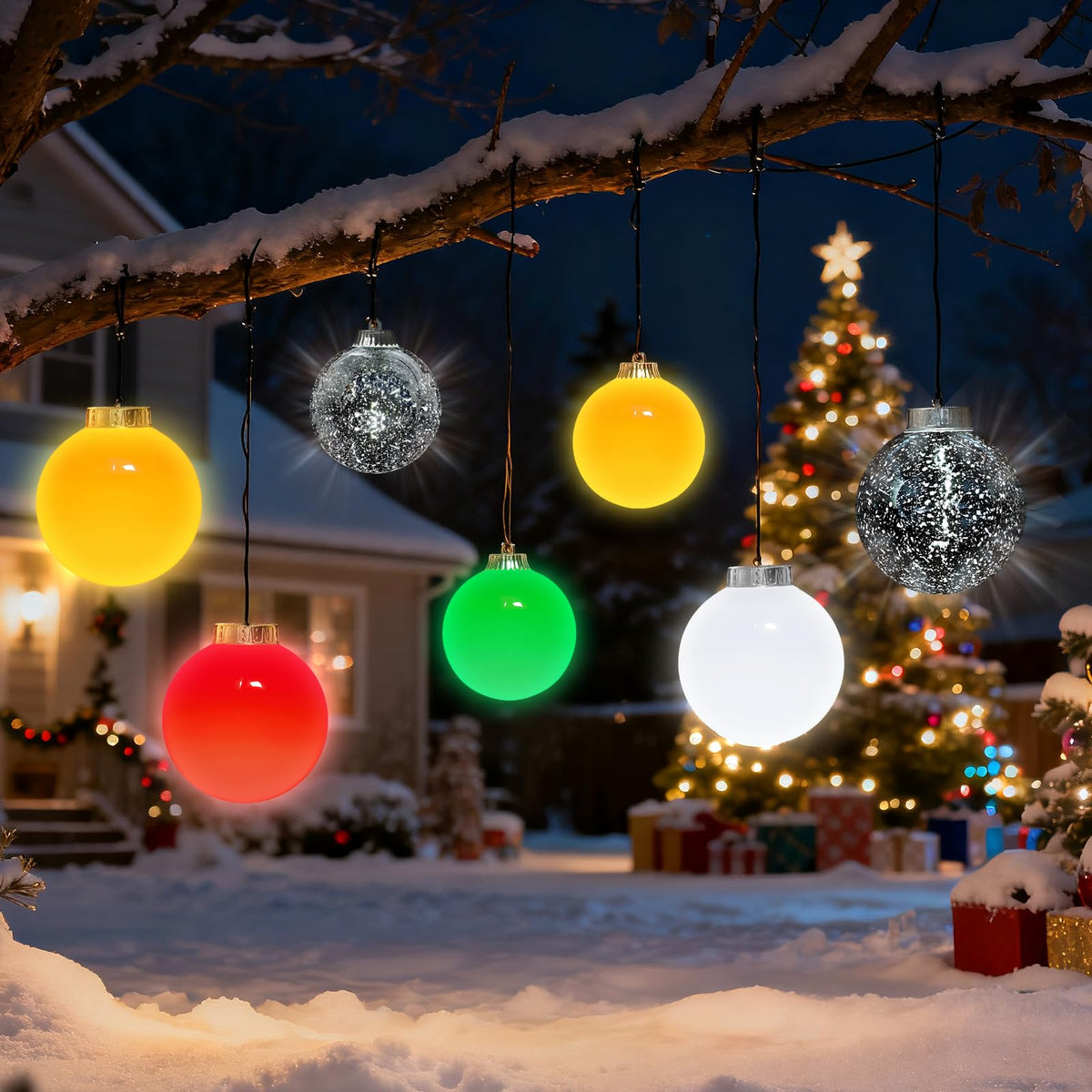 Lanpn 4 Pcs 6" Outdoor LED Ornament, Large Christmas Battery Powered Ball Lights, Xmas Tree Sphere Bulb Decor with Dark Sensor, Christmas Lighted Ornaments for Lawn Garden Yard Patio, Green