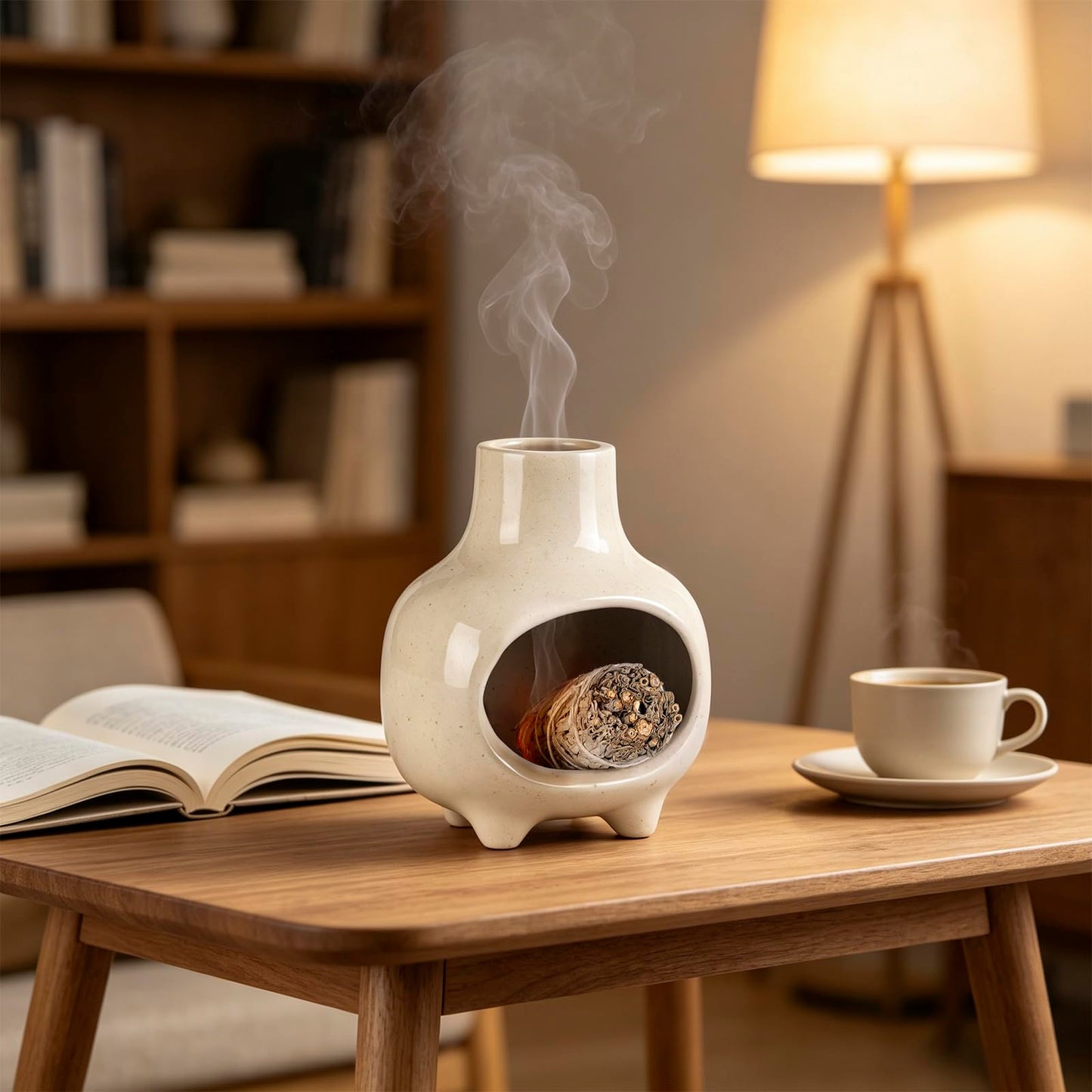 Ceramic Palo Santo Holder Burner with Chimney, Handcrafted Smudge Bowl Ash Catcher for Sage, Incense Cones & Candles, Palo Santo Sticks, for Home, Yoga, Meditation & Spiritual Ceremony (Beige)